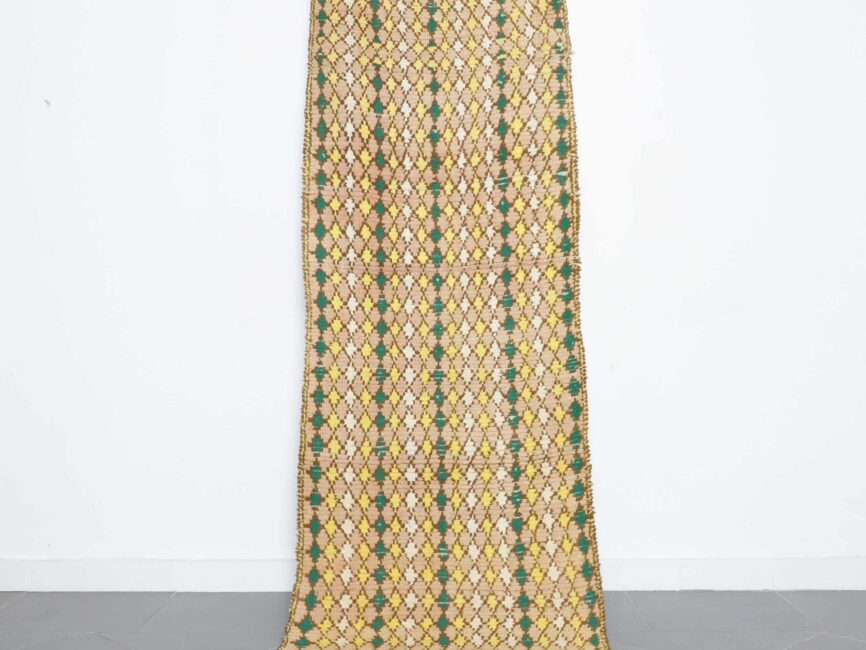 Vintage Boujaad Runner 8.2×2.8 ft handmade Moroccan wool rug in yellow and green diamond pattern