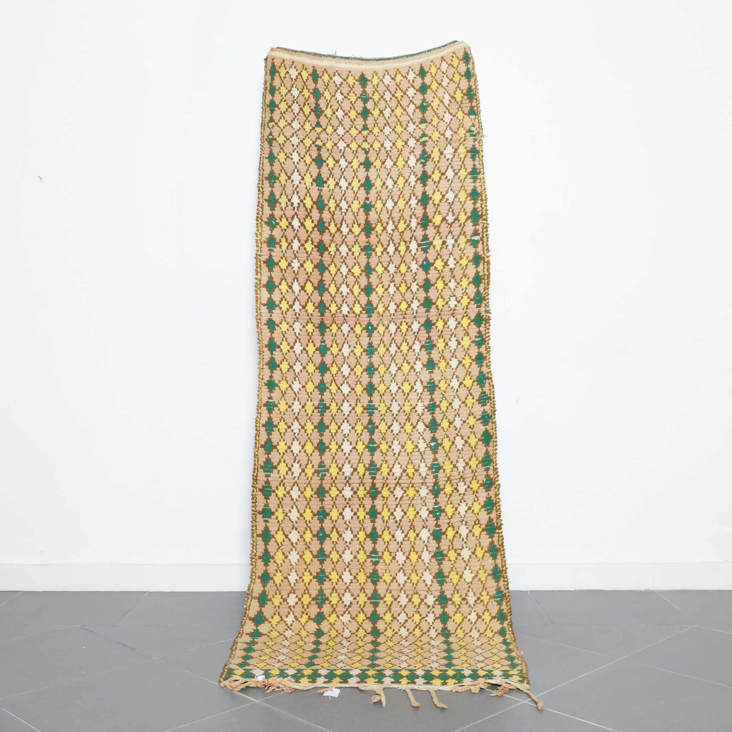 Vintage Boujaad Runner 8.2×2.8 ft handmade Moroccan wool rug in yellow and green diamond pattern