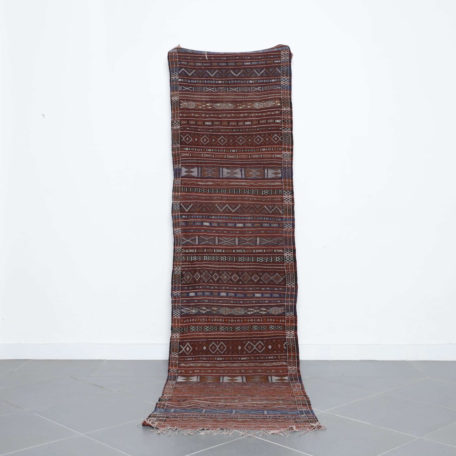 Vintage Azemour runner rug 9.9×2.6 ft handmade Moroccan wool rug with brown geometric patterns