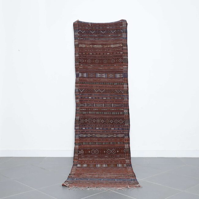 Vintage Azemour runner rug 9.9×2.6 ft handmade Moroccan wool rug with brown geometric patterns