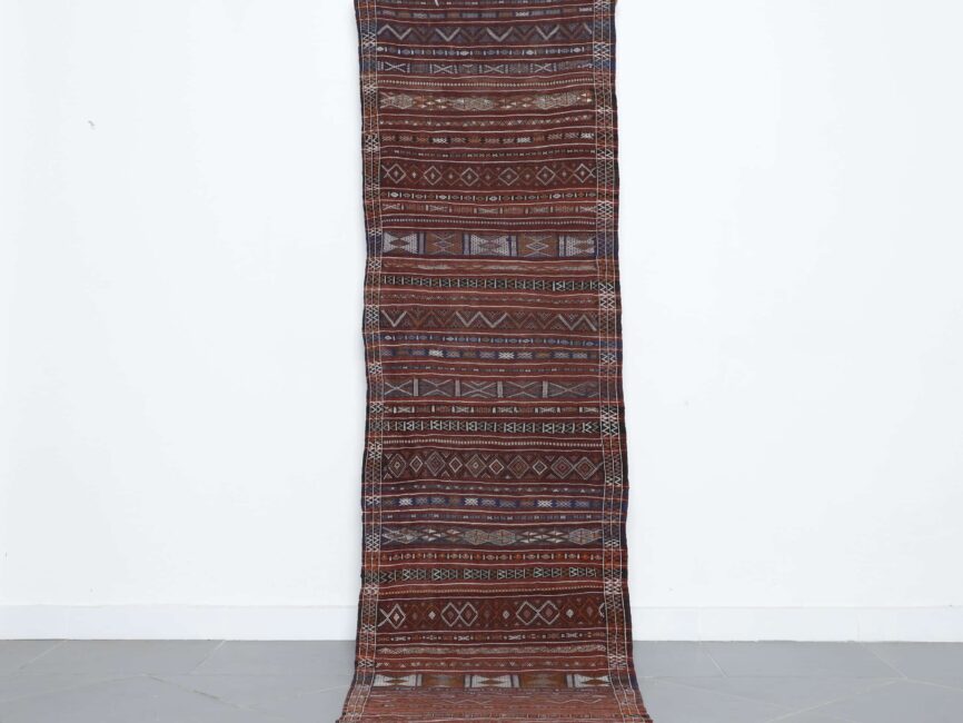Vintage Azemour runner rug 9.9×2.6 ft handmade Moroccan wool rug with brown geometric patterns