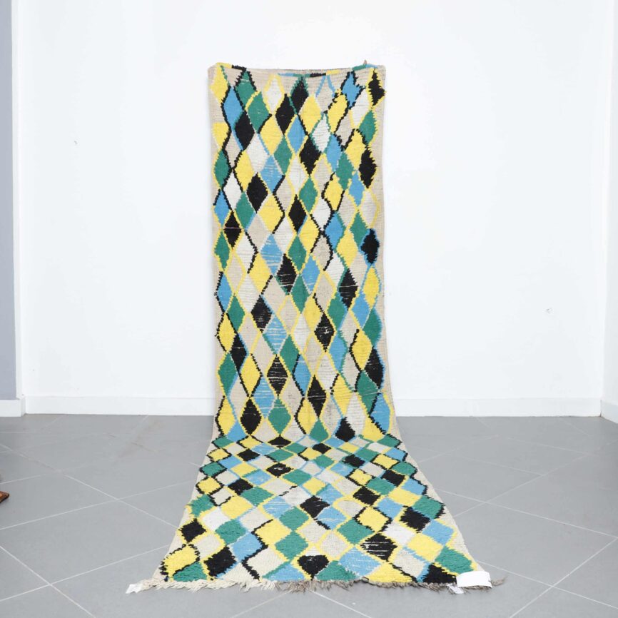 Boujaad runner handmade Moroccan wool rug with colorful geometric diamond pattern