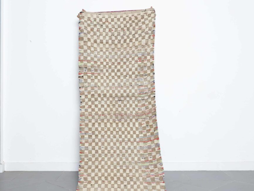Checkered Boujaad Rug 8.0×2.8 ft handmade Moroccan wool runner in beige and cream checker pattern
