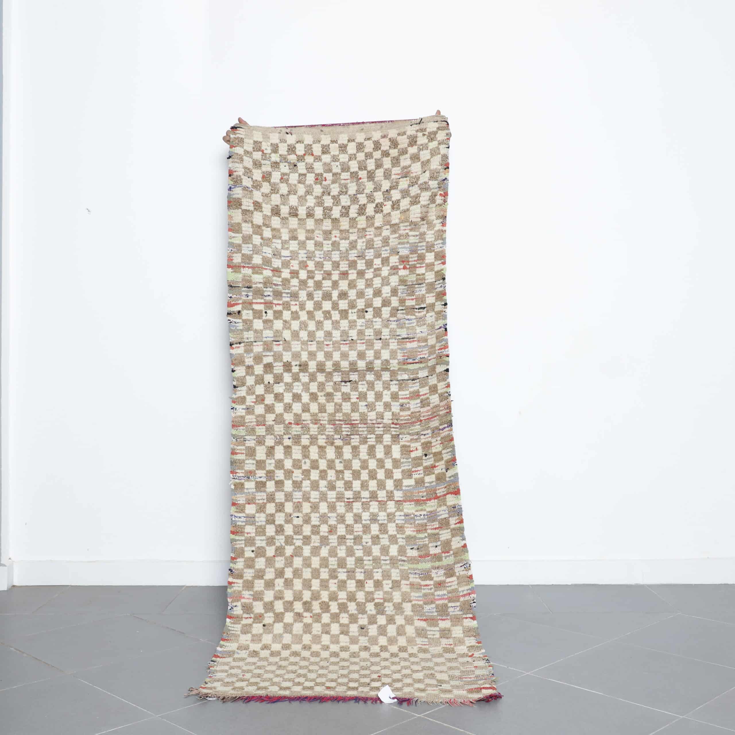 Checkered Boujaad Rug 8.0×2.8 ft handmade Moroccan wool runner in beige and cream checker pattern