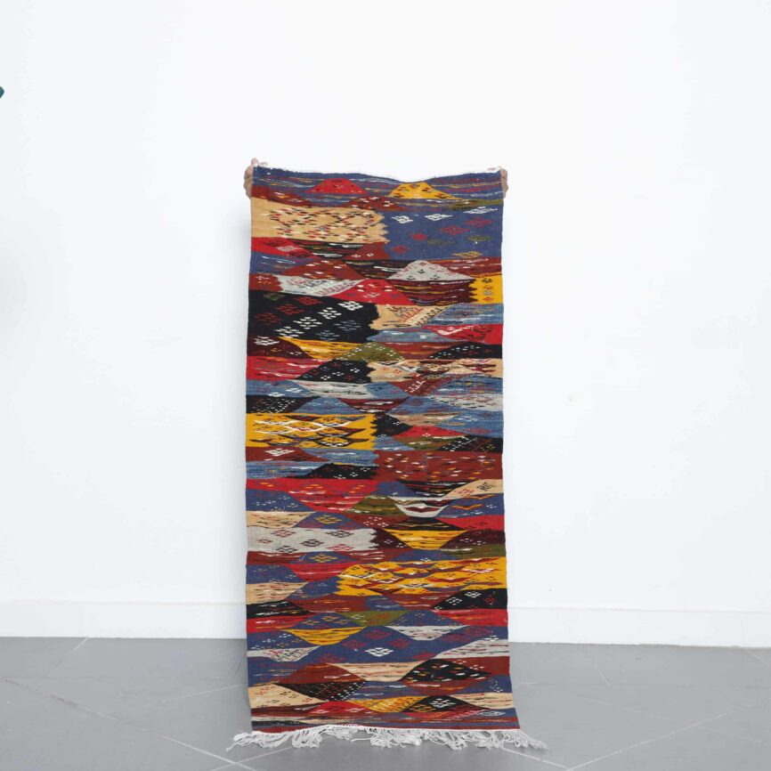 Colorful Taznakht kilim rug 4.9×2.2 ft handmade Moroccan wool rug with geometric tribal patterns