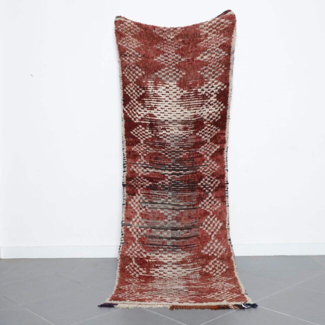 Boujaad Rug 9.2×3.1 ft handmade Moroccan wool runner in red and beige geometric design