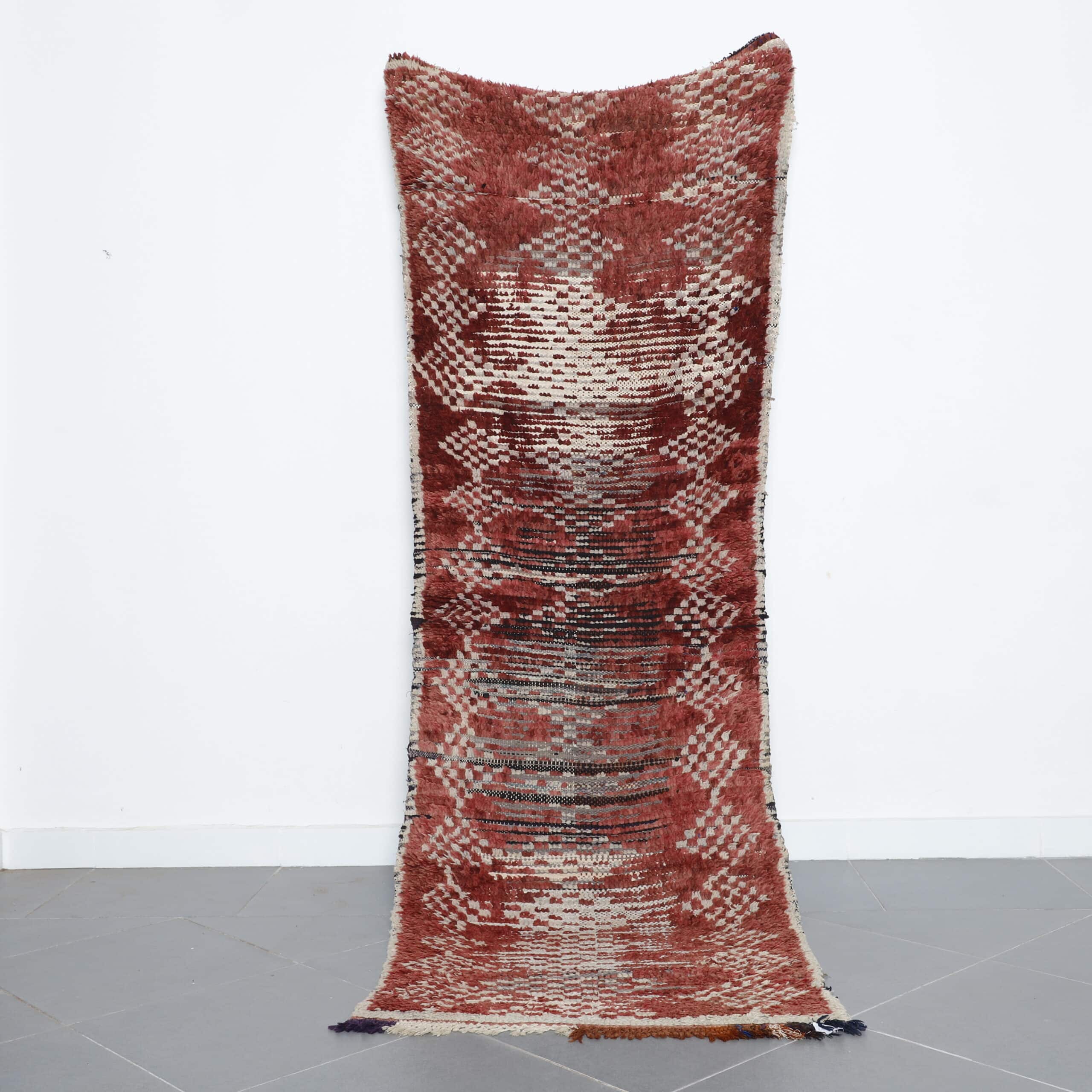 Boujaad Rug 9.2×3.1 ft handmade Moroccan wool runner in red and beige geometric design