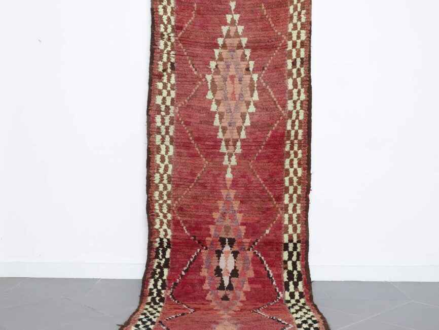 Boujaad rug runner 7.8×3.4 ft handmade Moroccan wool rug in red and terracotta tones