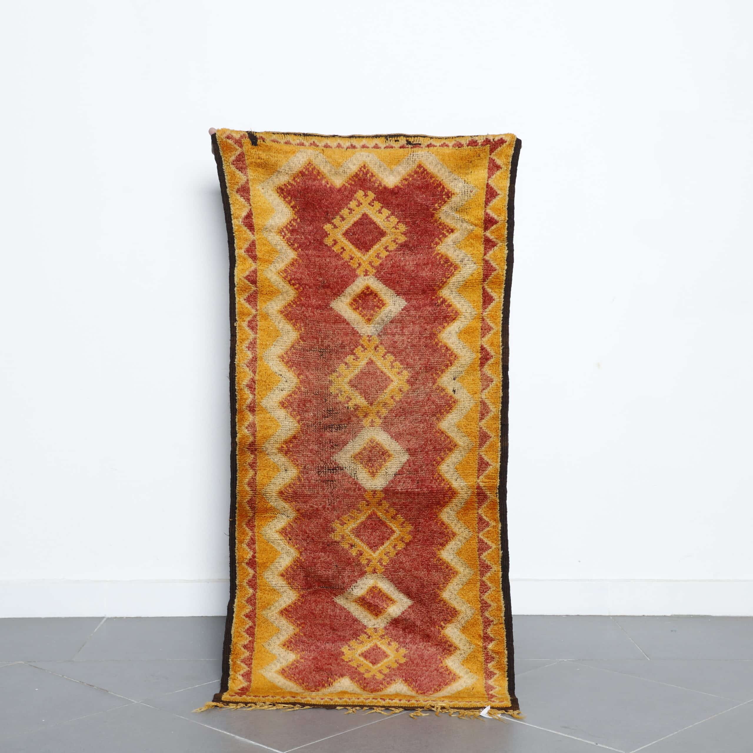 Vintage Taznakht rug 4.9×2.3 ft handmade Moroccan wool rug in warm red and golden tones
