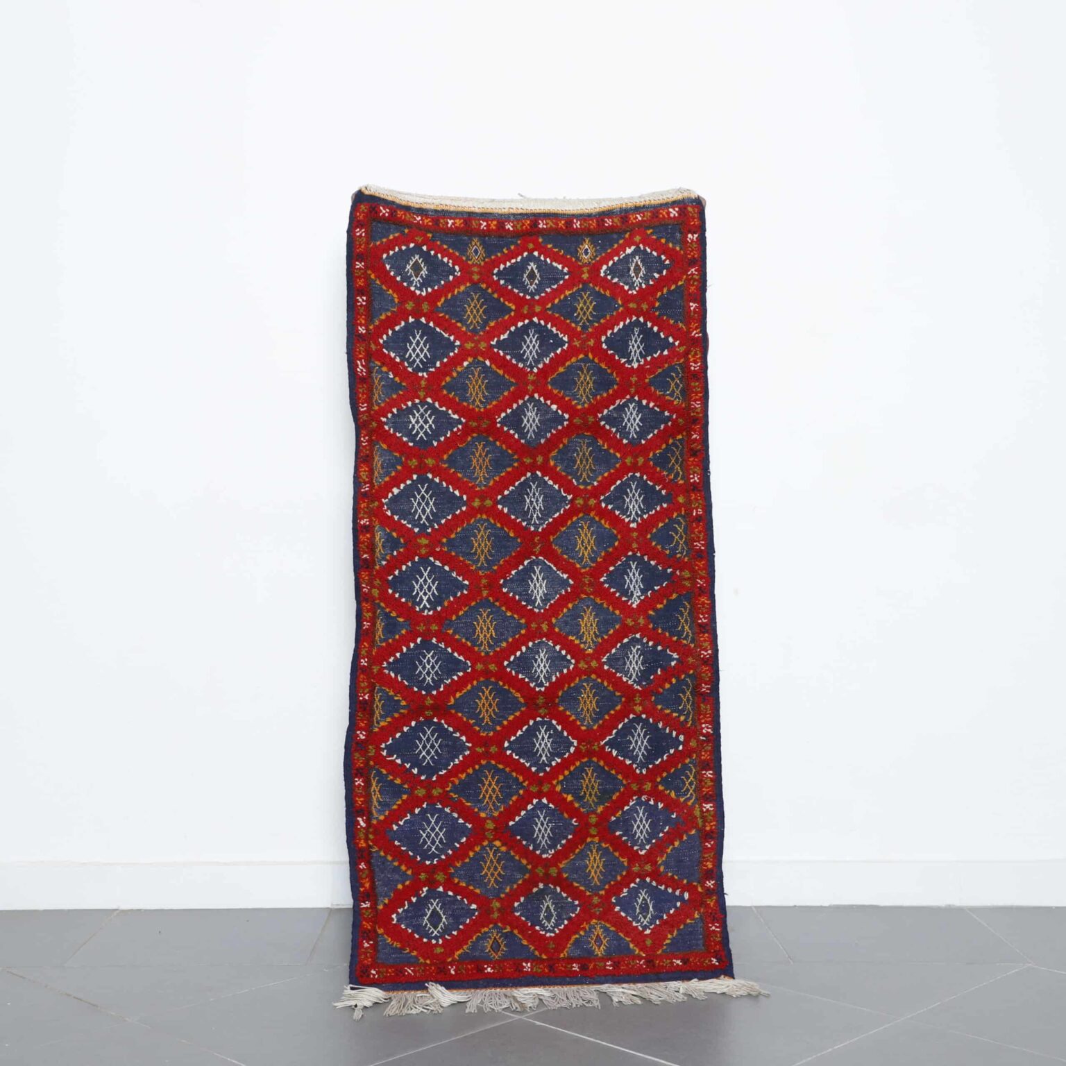 Boujaad Runner 5.4×2.4 ft – Handmade Moroccan Wool Rug in Red and Blue Diamond Pattern