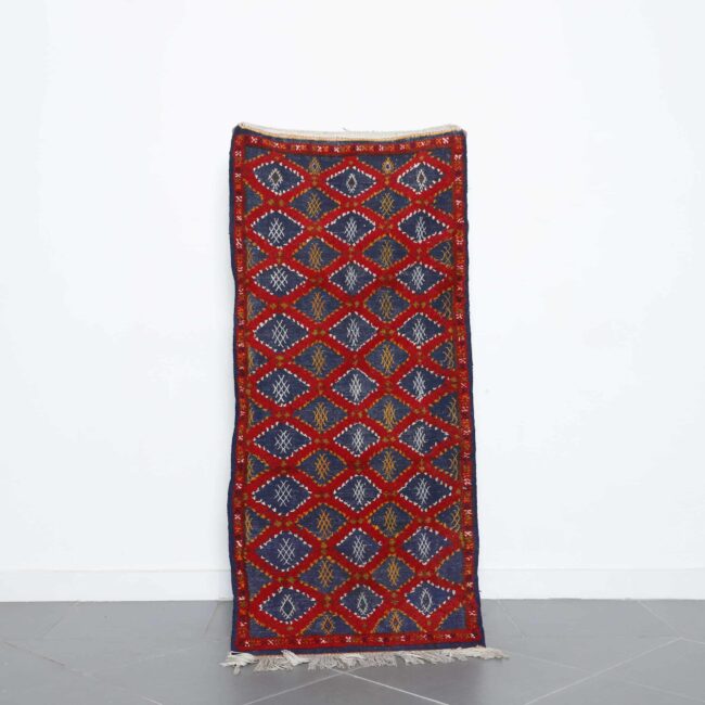 Boujaad Runner 5.4×2.4 ft – Handmade Moroccan Wool Rug in Red and Blue Diamond Pattern