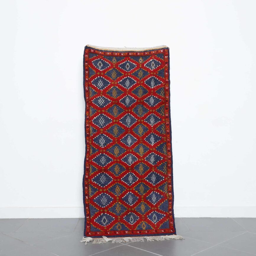 Boujaad Runner 5.4×2.4 ft – Handmade Moroccan Wool Rug in Red and Blue Diamond Pattern