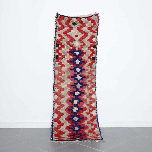 Taznakht runner rug 7.3×2.4 ft handmade Moroccan wool with red and blue geometric design