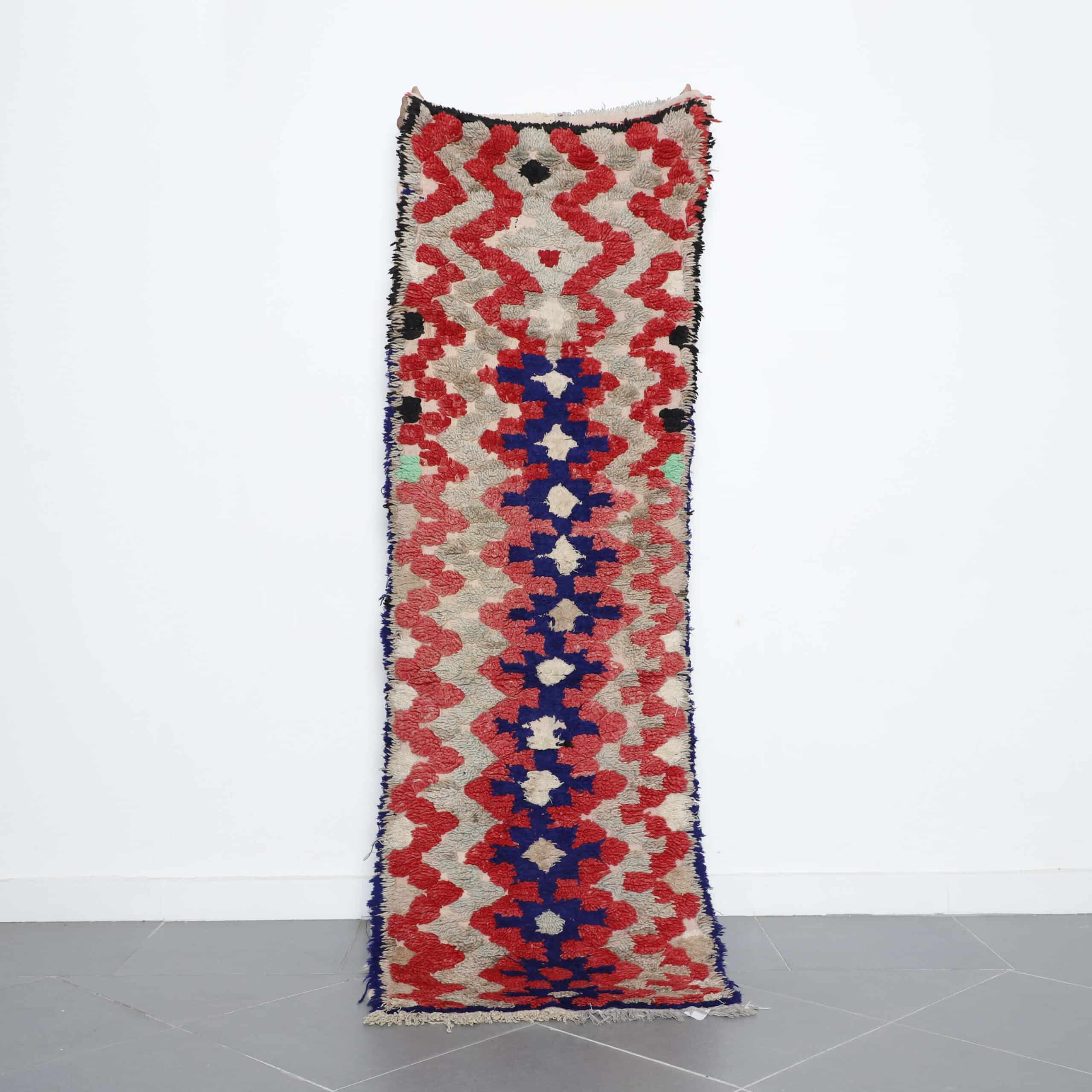 Taznakht runner rug 7.3×2.4 ft handmade Moroccan wool with red and blue geometric design