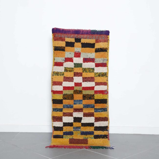 Vintage Taznakht rug 5.4×2.4 ft handmade Moroccan wool rug with colorful checkered pattern