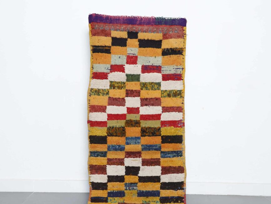 Vintage Taznakht rug 5.4×2.4 ft handmade Moroccan wool rug with colorful checkered pattern