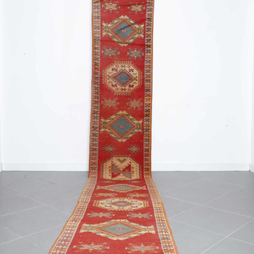 Taznakht Runner 14.9×2.9 ft handmade Moroccan wool rug in red with tribal geometric motifs