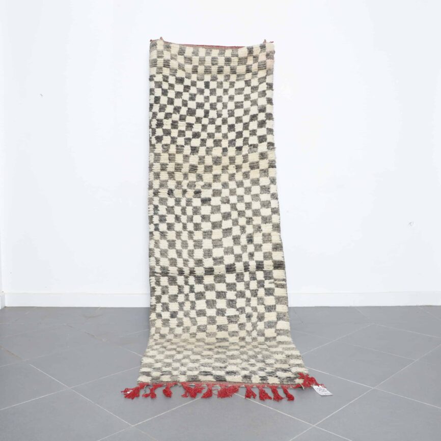 Boujaad Runner 8.9×2.9 ft handmade Moroccan wool rug in black and white checkered pattern