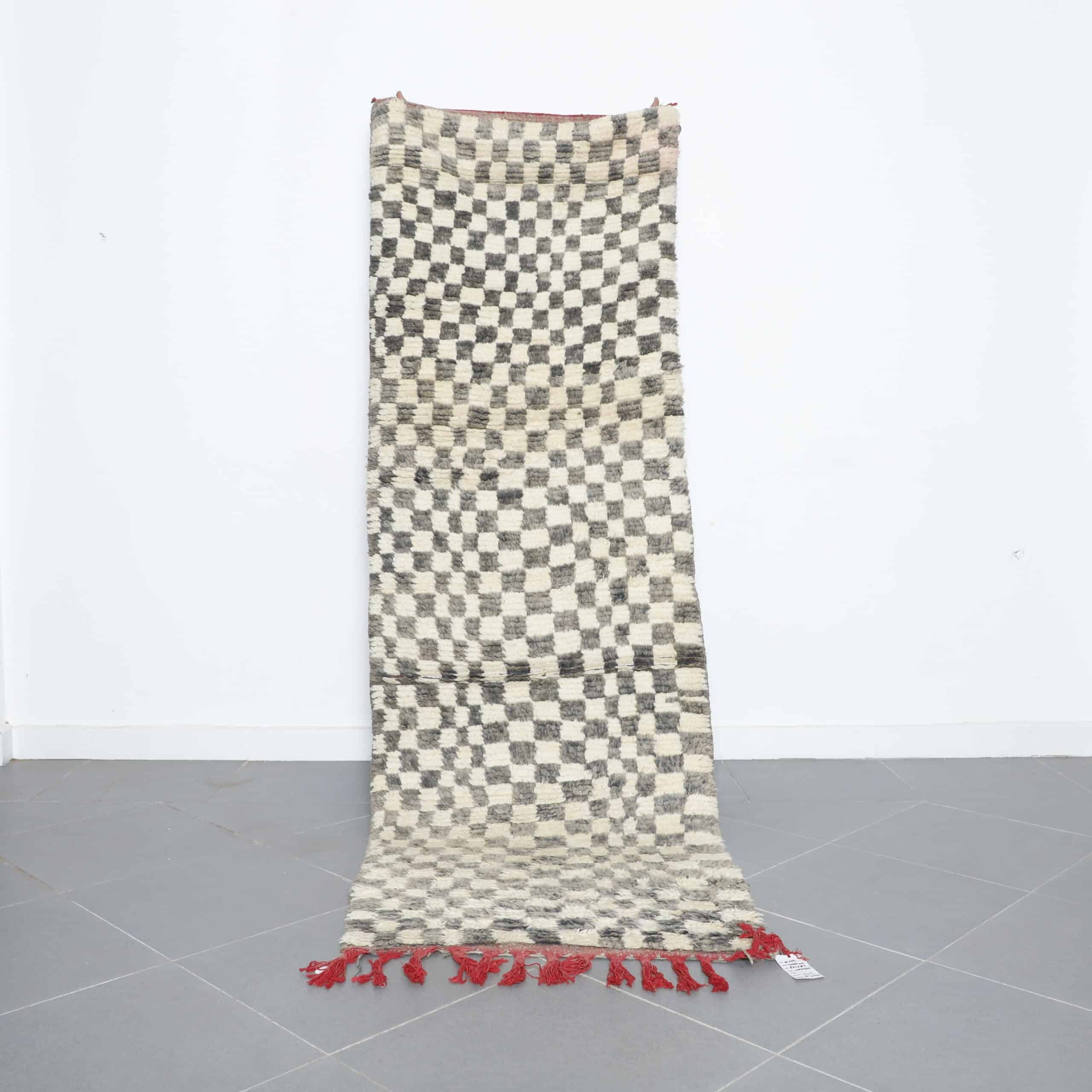 Boujaad Runner 8.9×2.9 ft handmade Moroccan wool rug in black and white checkered pattern