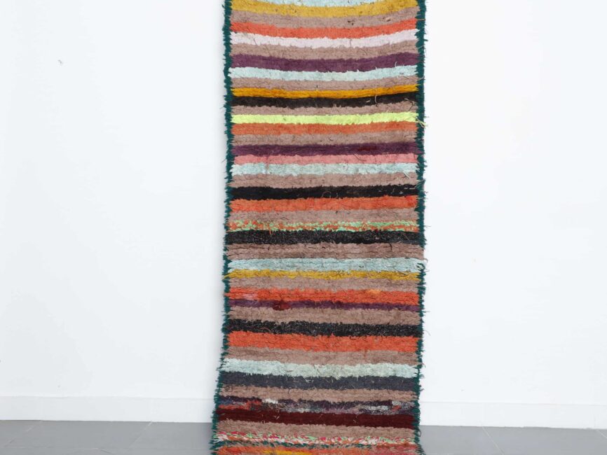 Boucherouite Rug 7.9×2.7 ft handmade Moroccan striped rug with colorful wool design