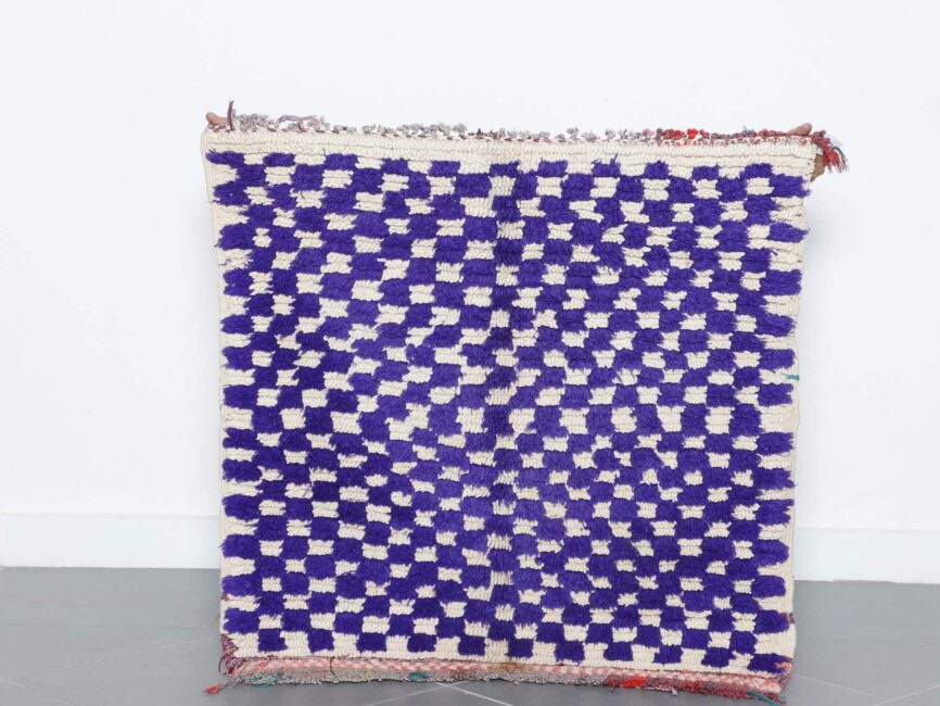 Handmade Moroccan Beni Ouarain Rug 95cm x 95cm purple checkered wool carpet