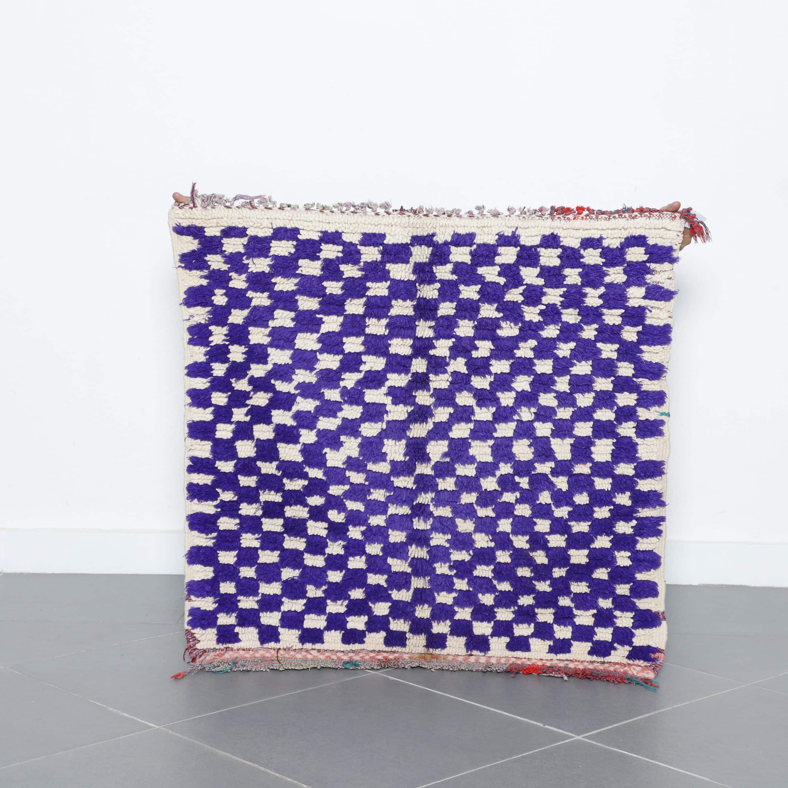 Handmade Moroccan Beni Ouarain Rug 95cm x 95cm purple checkered wool carpet