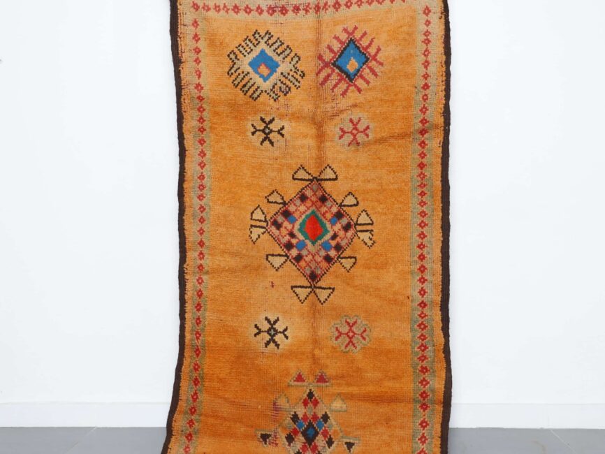 Handmade Moroccan Berber Rug 247cm x 110cm orange wool geometric design