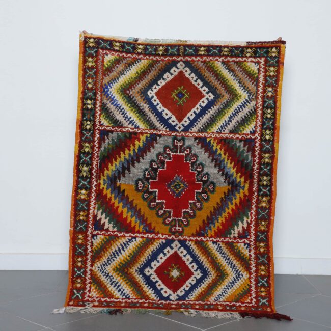 Colorful Moroccan Kilim rug with Geometric Diamond Medallions