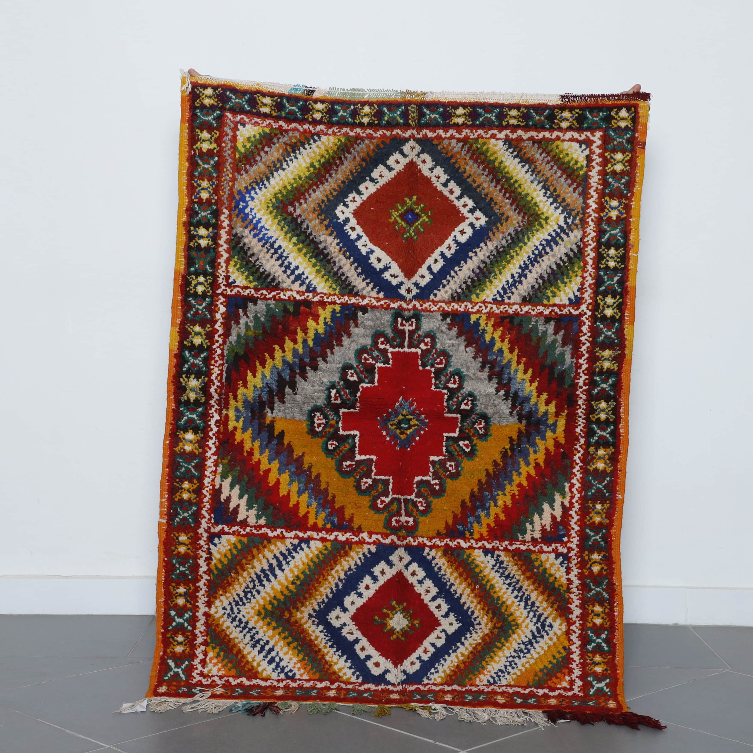 Colorful Moroccan Kilim rug with Geometric Diamond Medallions