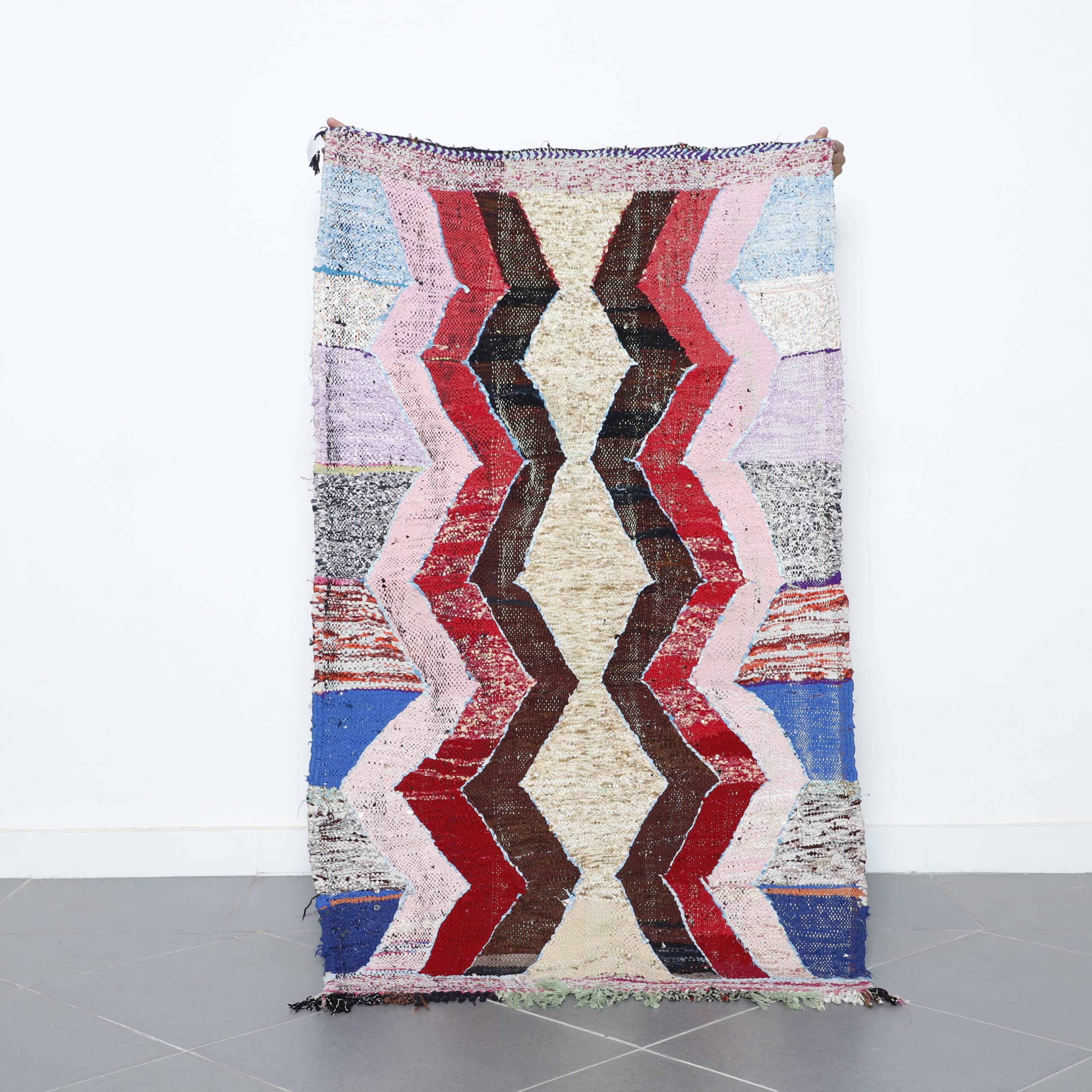 Handmade Colorful Moroccan Boucherouite Rug with Zig-Zag Design