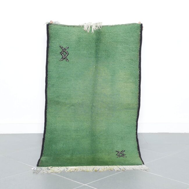 Handmade Green Moroccan Beni Ouarain Rug with Minimalist Berber Symbols