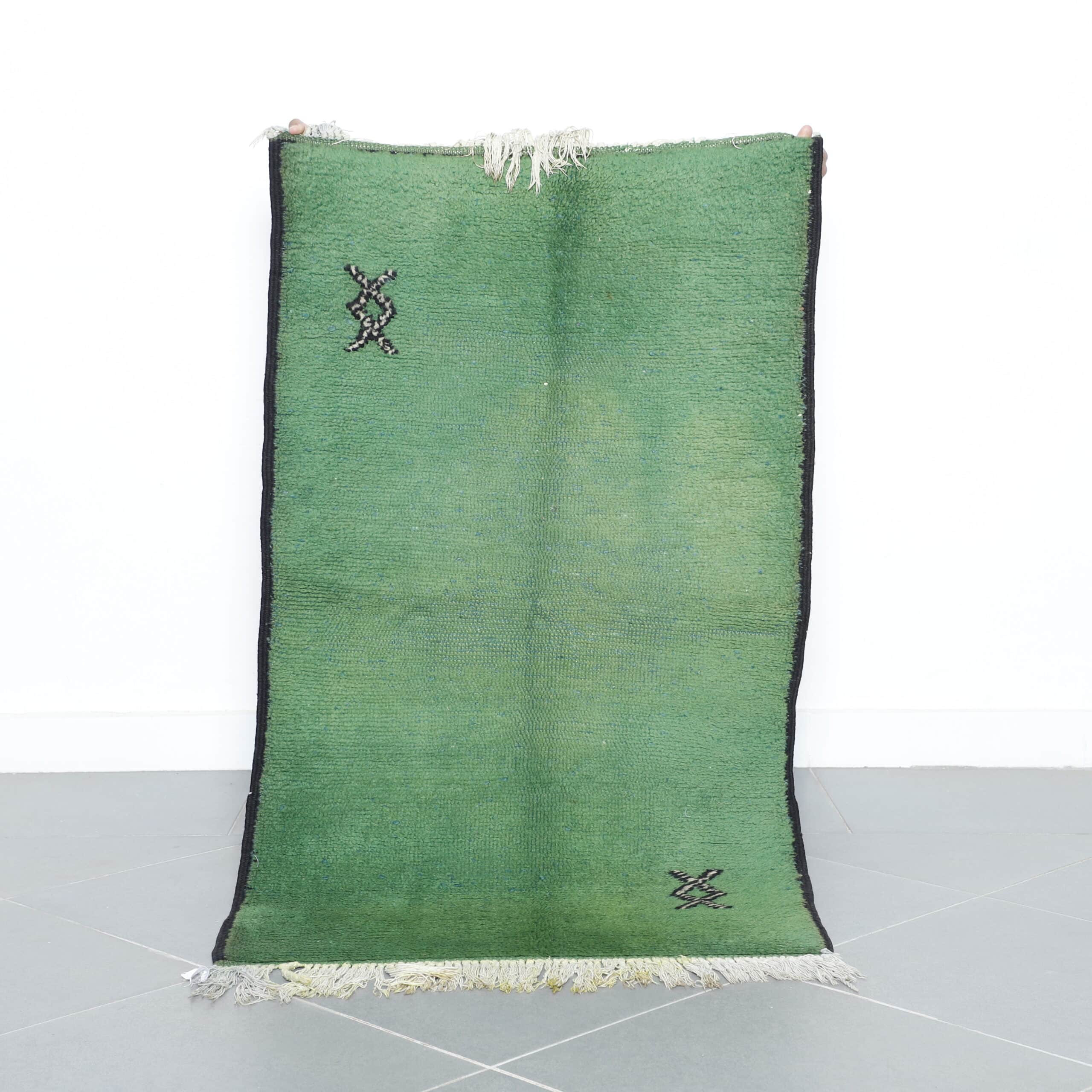 Handmade Green Moroccan Beni Ouarain Rug with Minimalist Berber Symbols