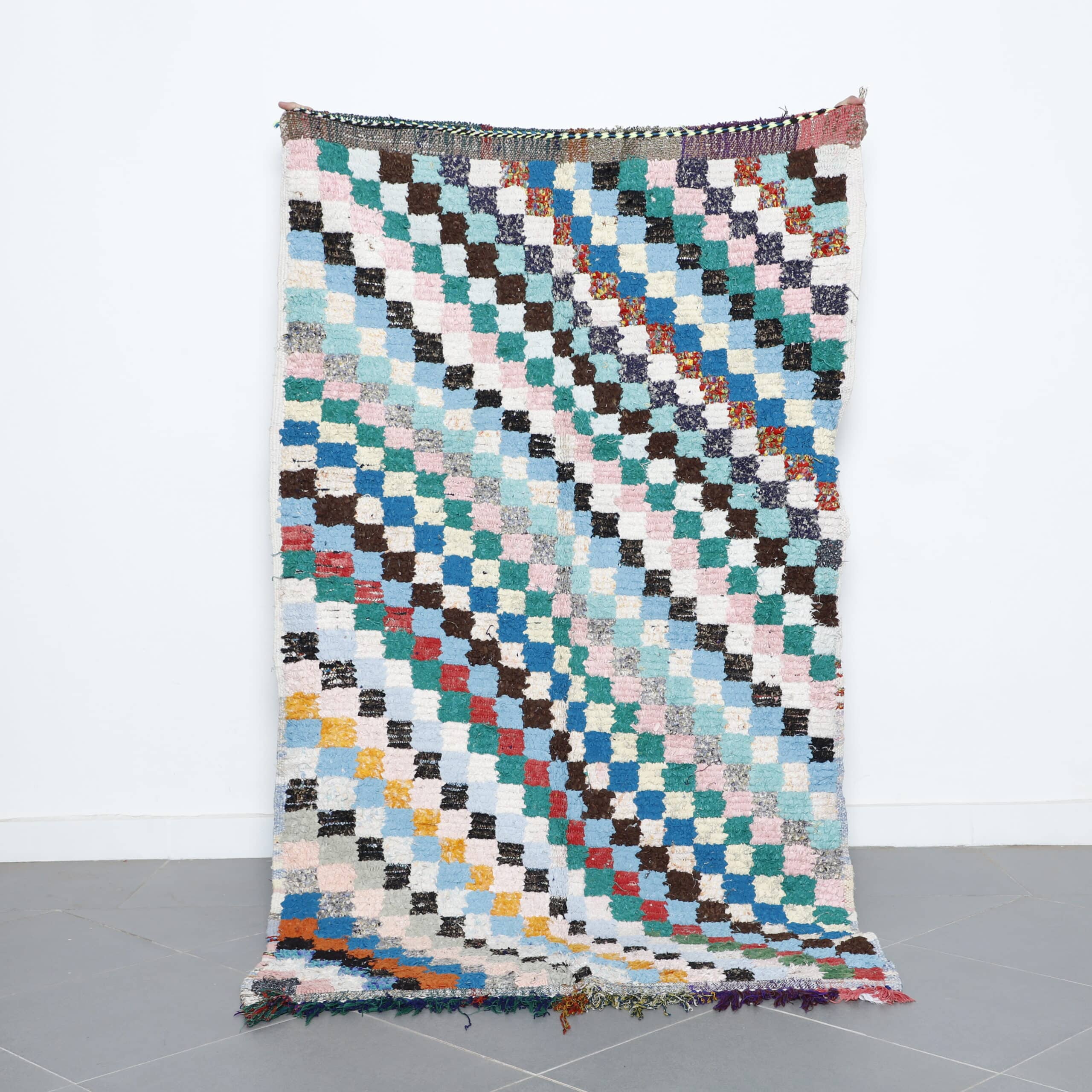 Colorful Moroccan Boucherouite Rug with Checkerboard Design