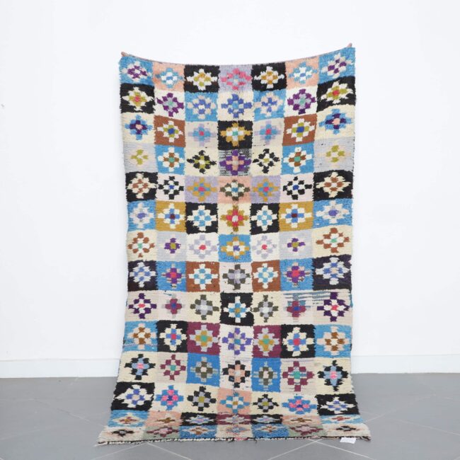 Colorful Moroccan Boucherouite Rug with Floral Checkerboard