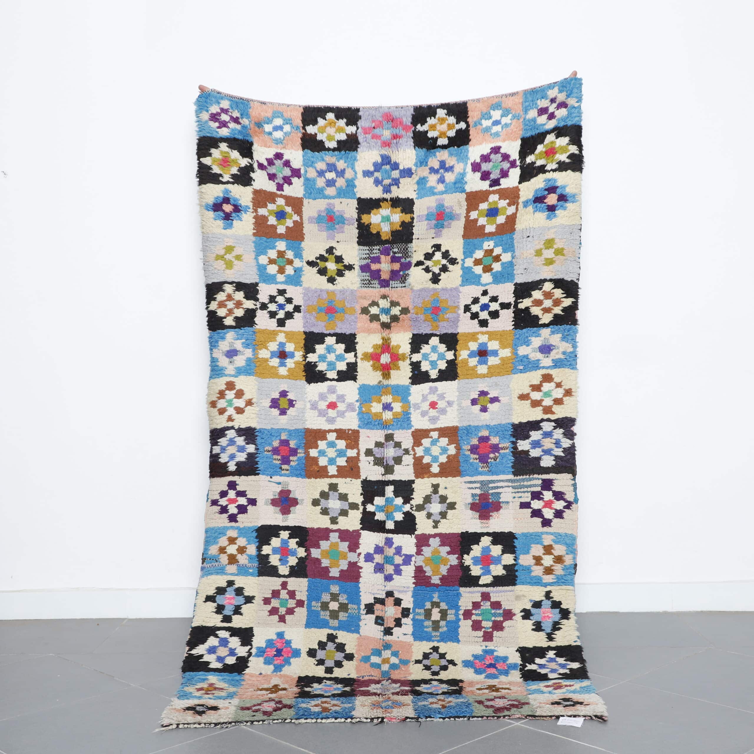 Colorful Moroccan Boucherouite Rug with Floral Checkerboard