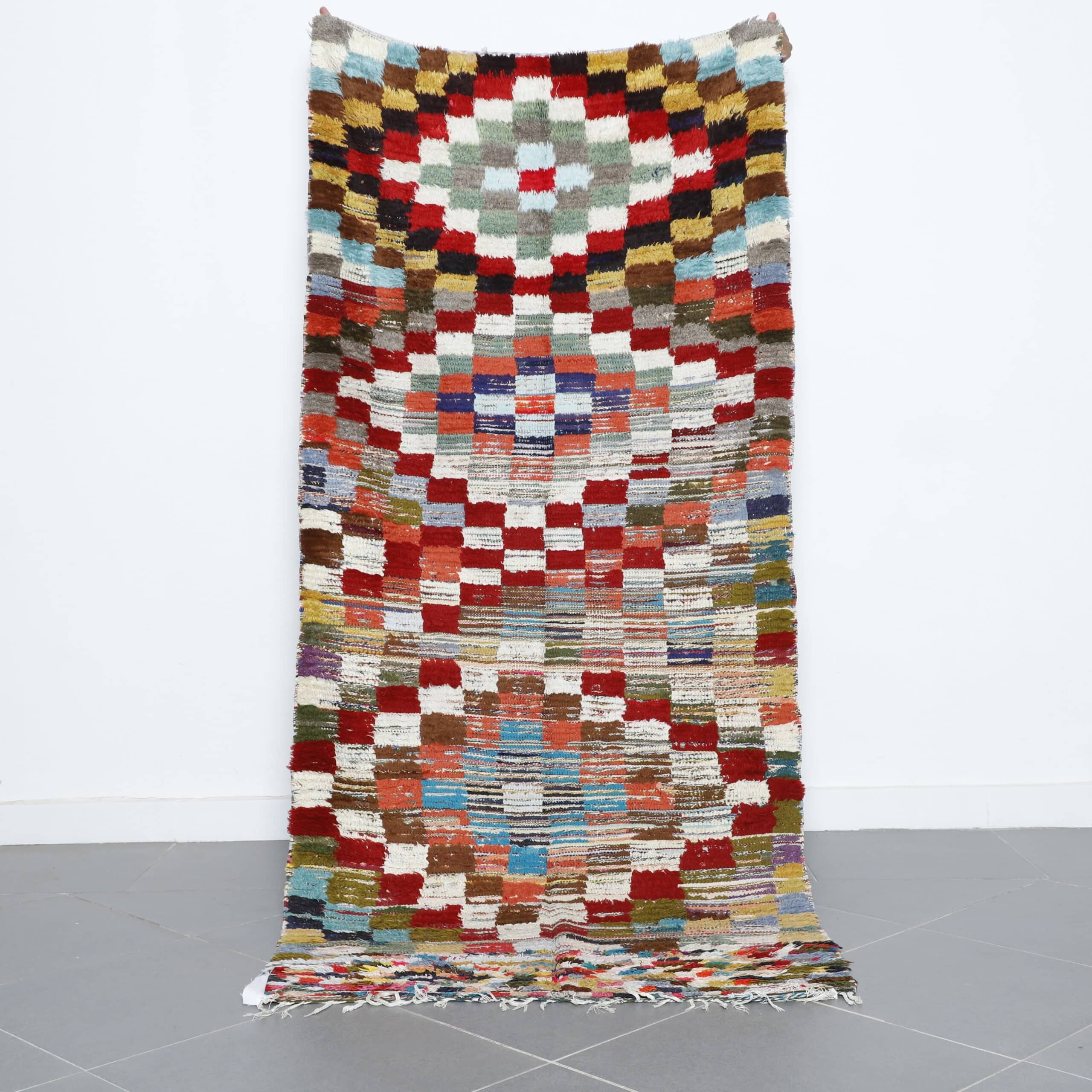 Colorful Moroccan Boucherouite Rug with Checkerboard Pattern