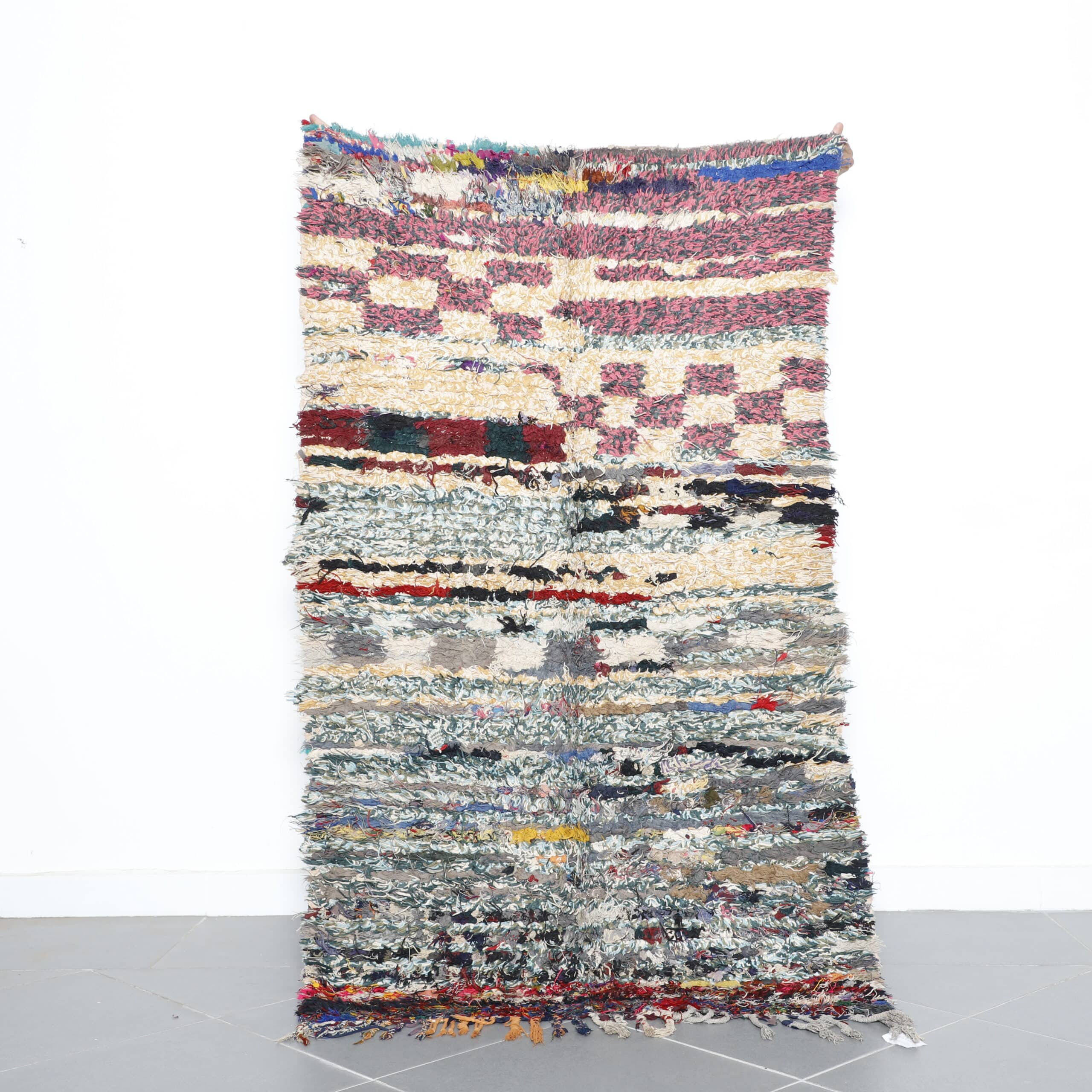 Colorful Moroccan Boucherouite Rug with Stripes and Checks