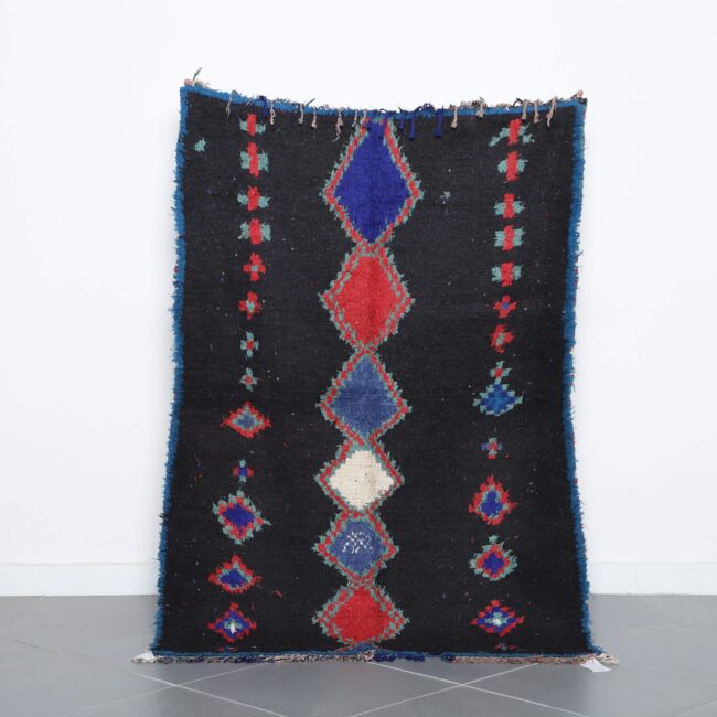 Dark Moroccan Beni Ourain Rug with Colorful Diamonds