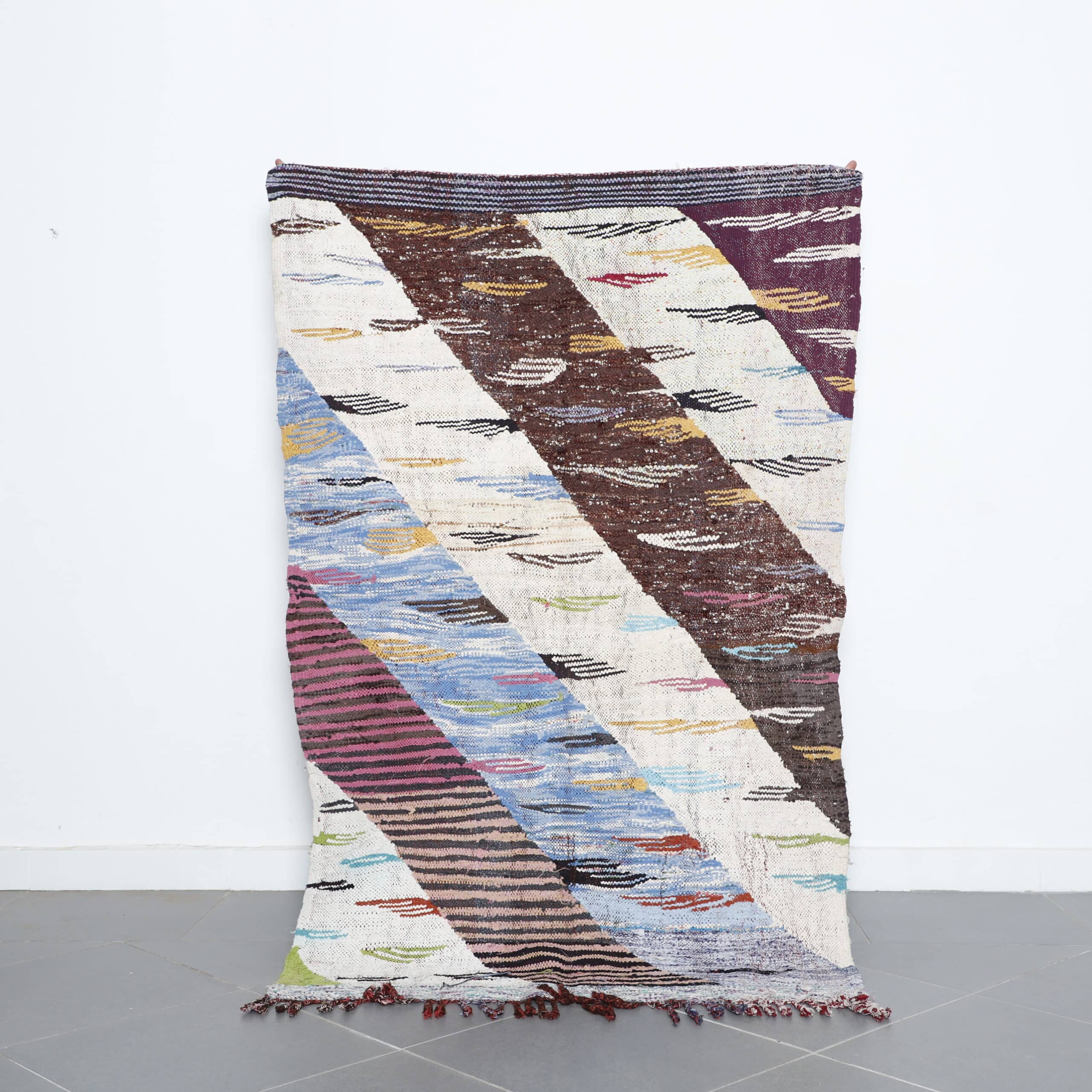 Moroccan Boucherouite Rug with Diagonal Stripes