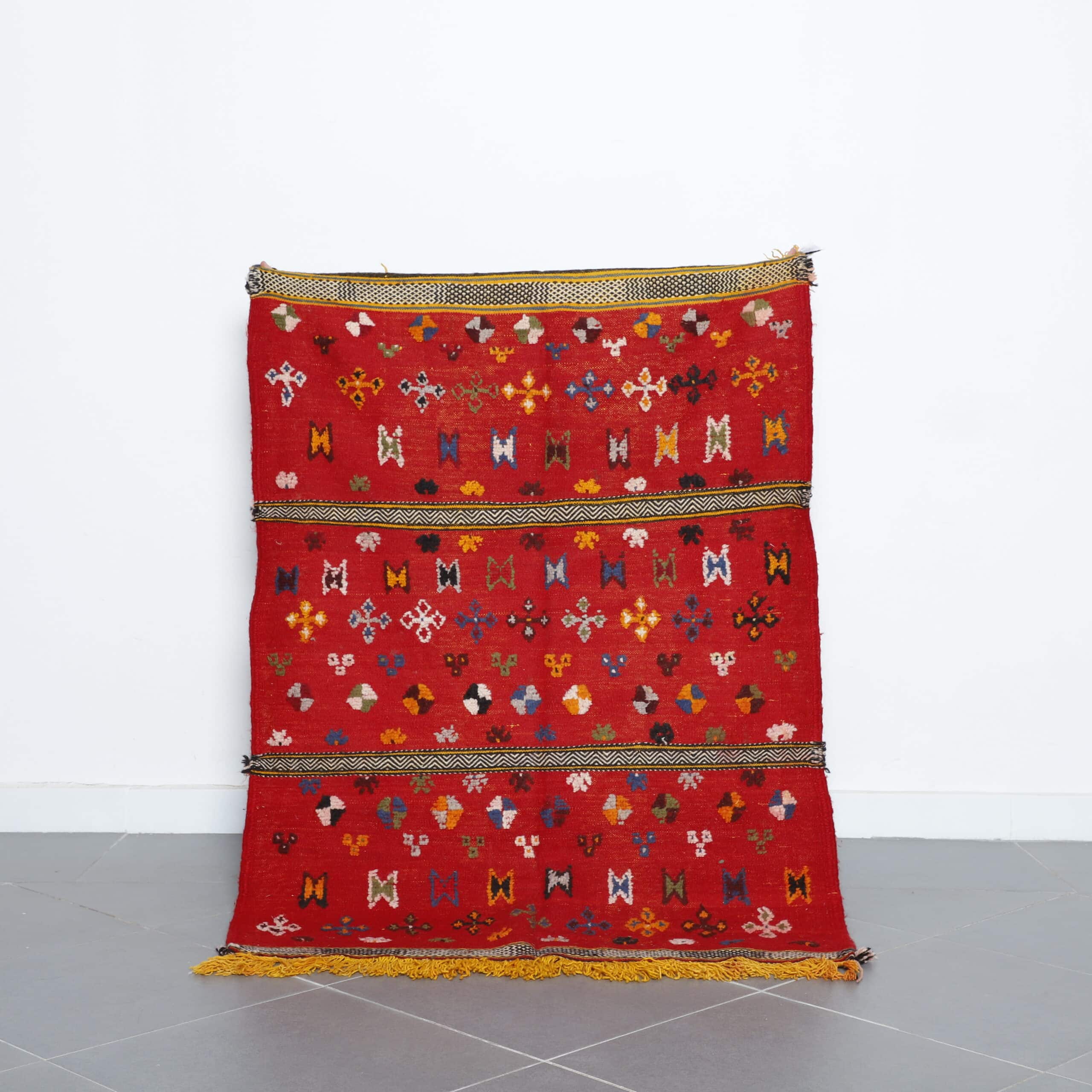 Red Moroccan Kilim rug with Dense Geometric Motifs