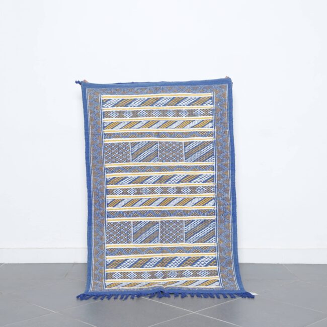 Handmade Blue Moroccan Kilim rug with Geometric Bands