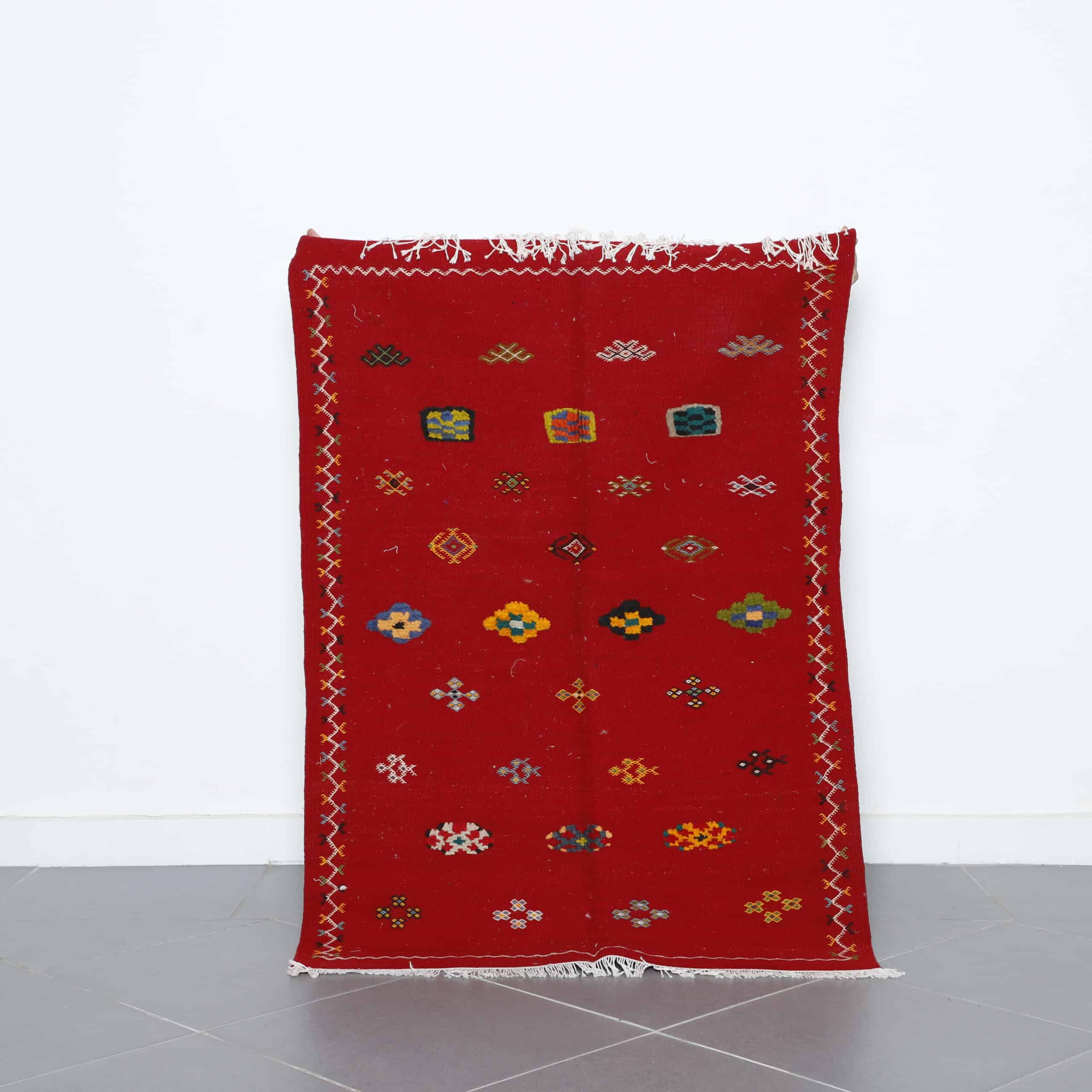 Handmade Red Berber Rug with Colorful Motifs