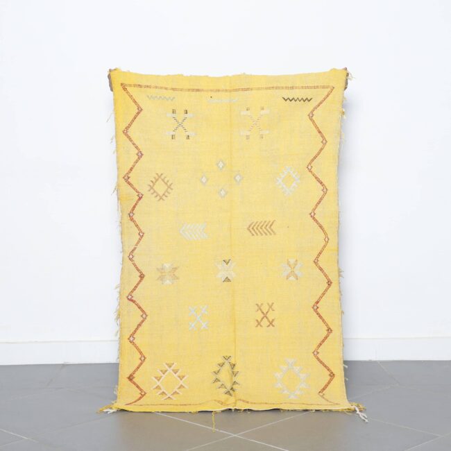 Golden Moroccan Kilim Rug with Geometric Motifs