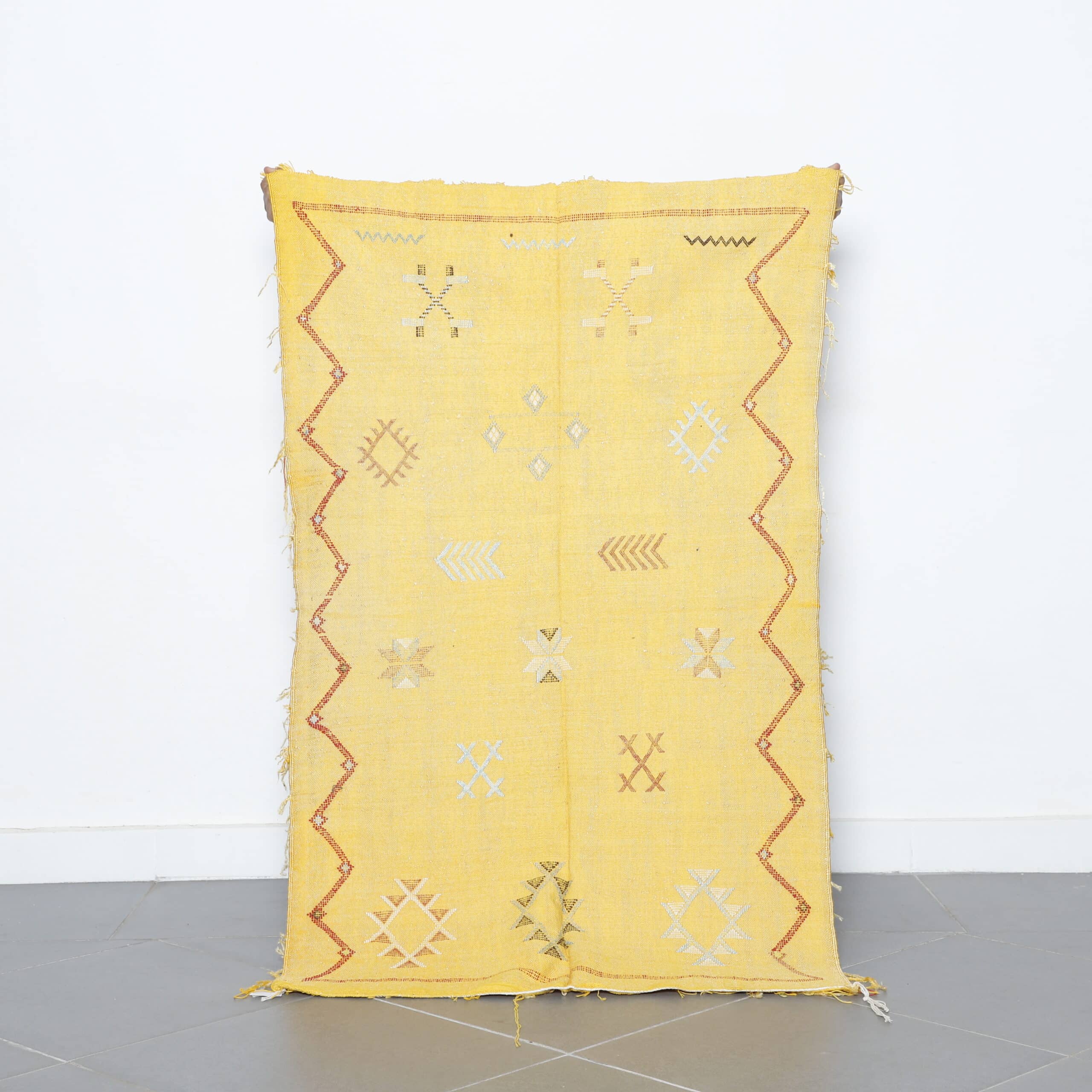 Golden Moroccan Kilim Rug with Geometric Motifs