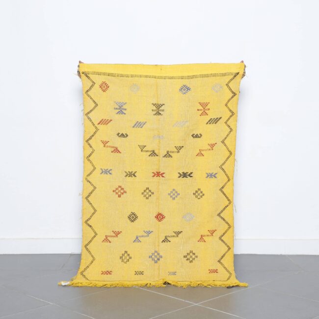 Golden Moroccan Kilim Rug with Geometric Motifs