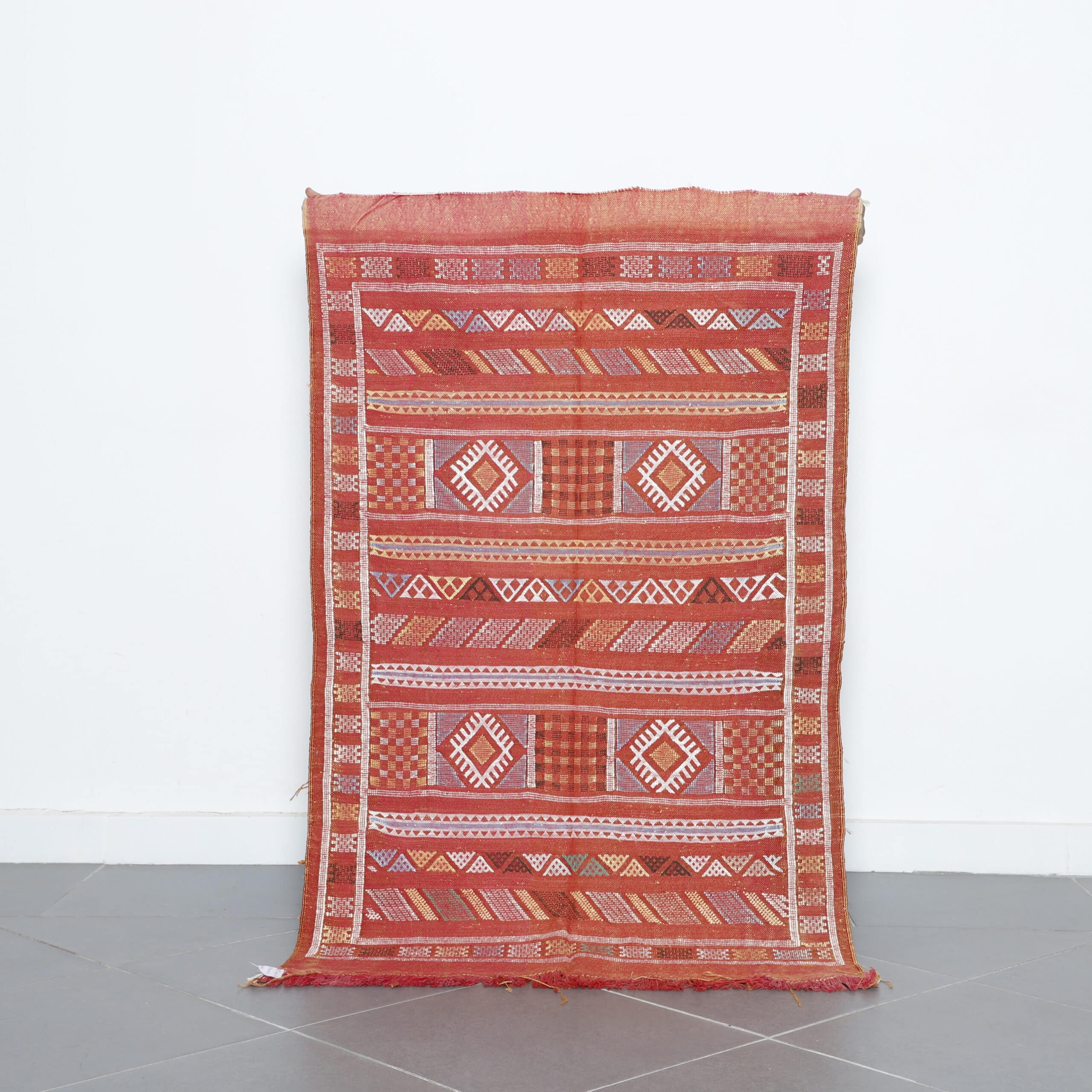 Red Moroccan Kilim with Geometric Patterns