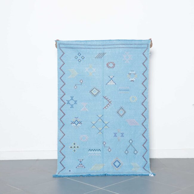 Light Blue Moroccan Cactus Silk Rug with Geometric Motifs