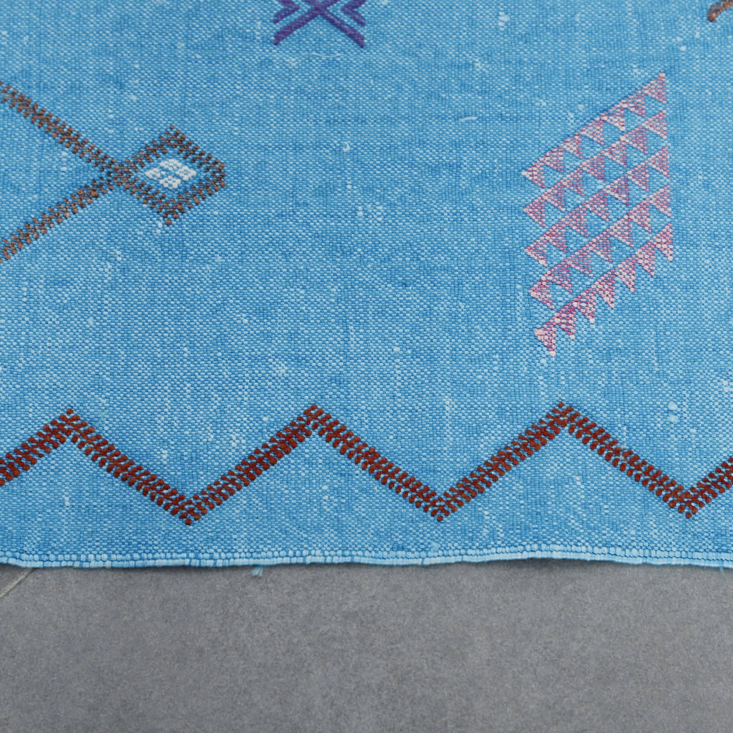 Light Blue Moroccan Cactus Silk Rug with Geometric Motifs - Image 5