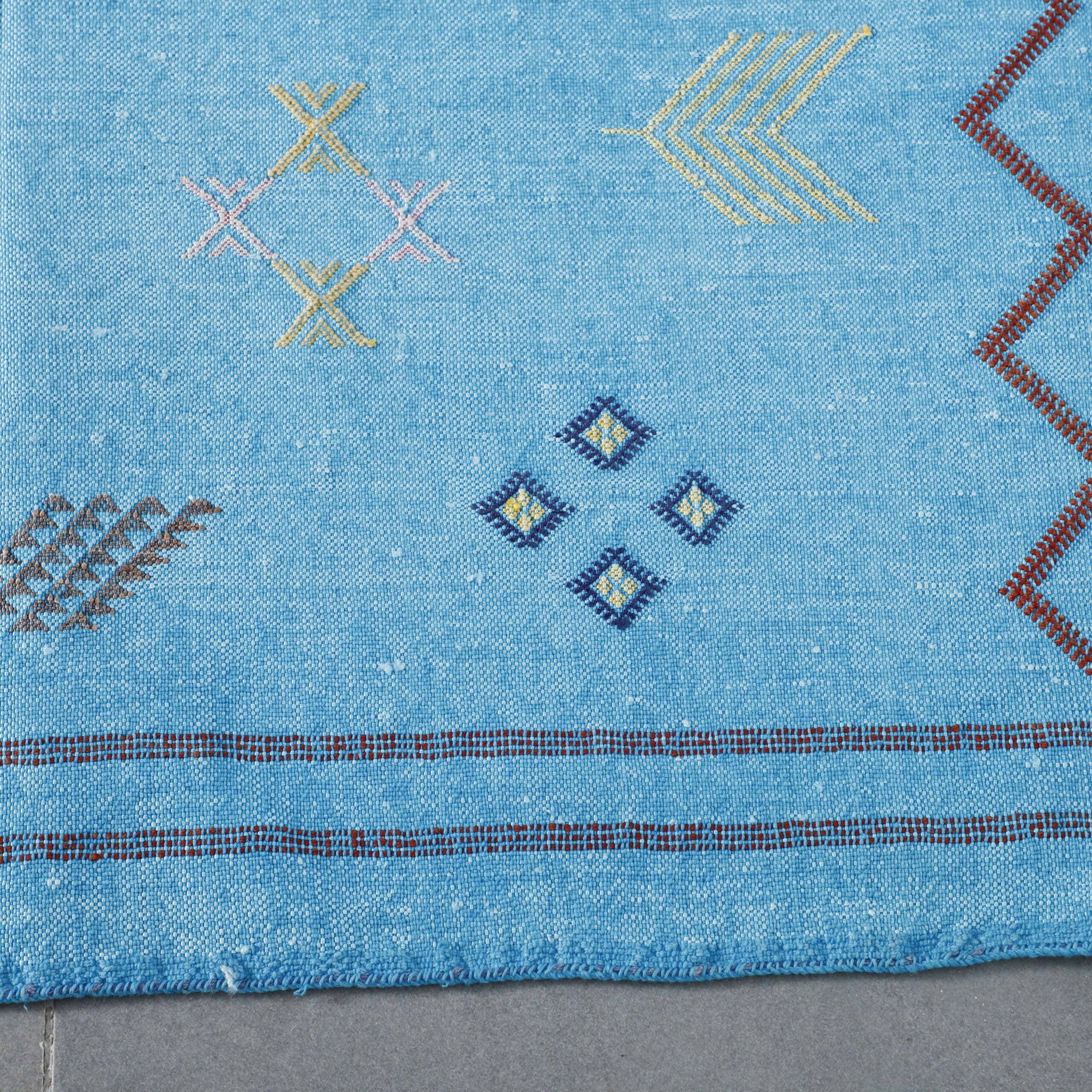 Light Blue Moroccan Cactus Silk Rug with Geometric Motifs - Image 3