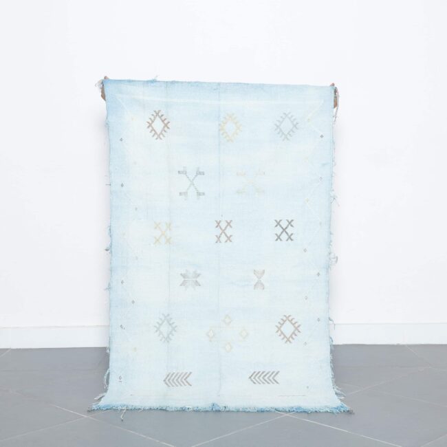 Light Blue Handwoven Moroccan Cactus Silk Rug Geometric